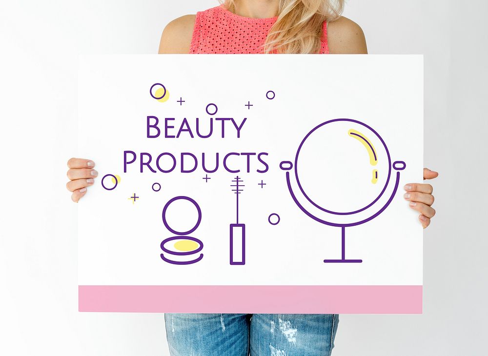 Woman holding illustration of beauty cosmetics makeover skincare banner