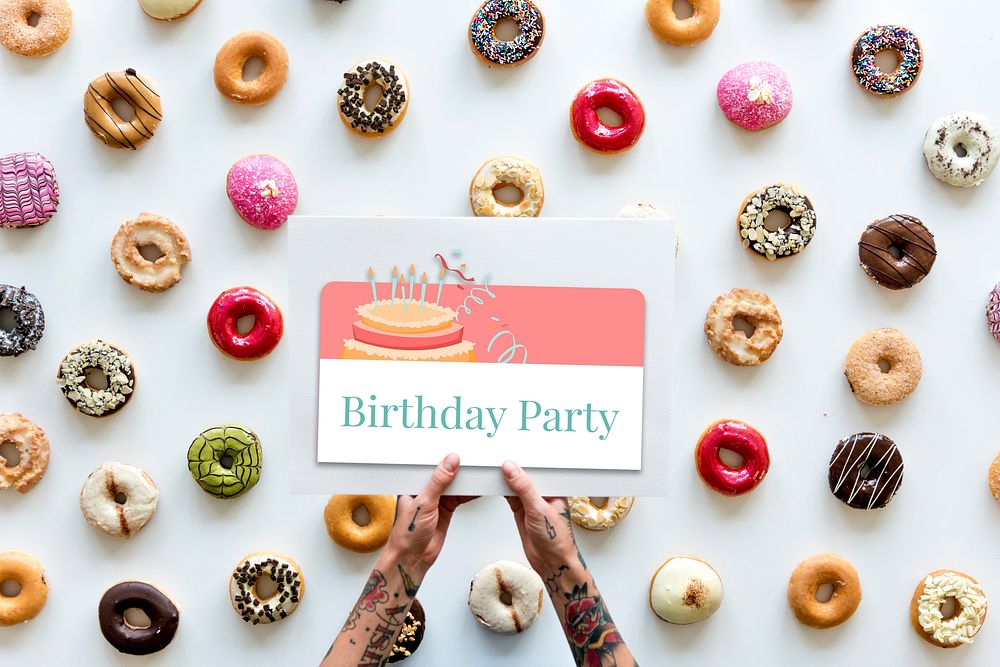 Illustration of birthday party event celebration with cake on banner