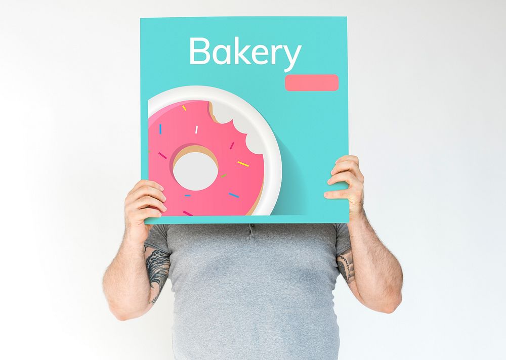 Man holding banner of sweet dessert donut pastry commercial illustration