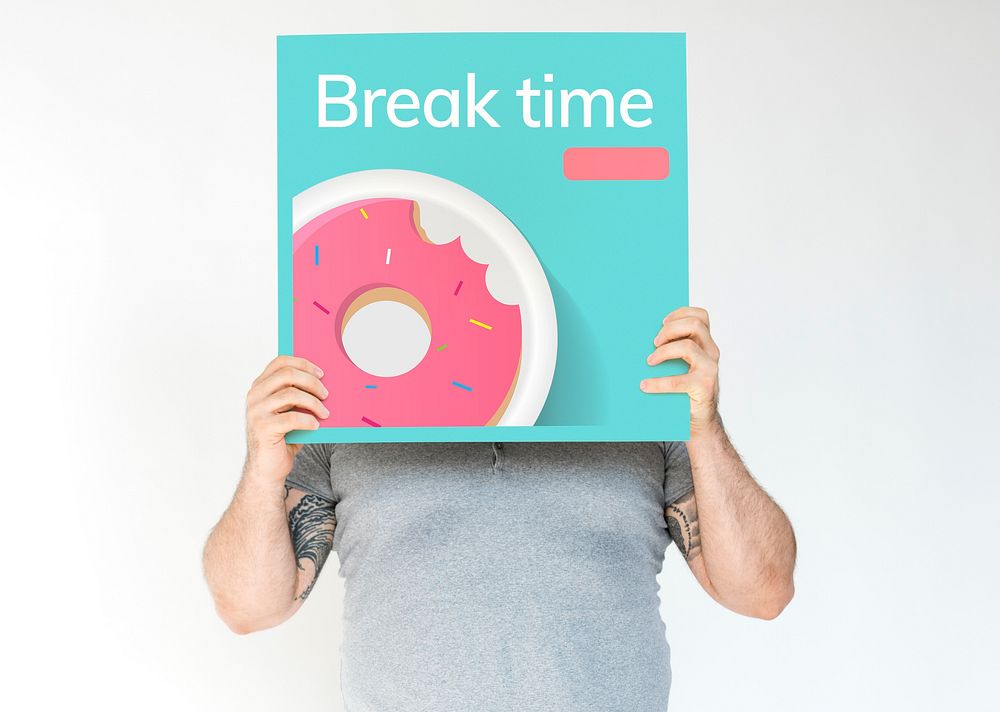 Man holding banner of sweet dessert donut pastry commercial illustration