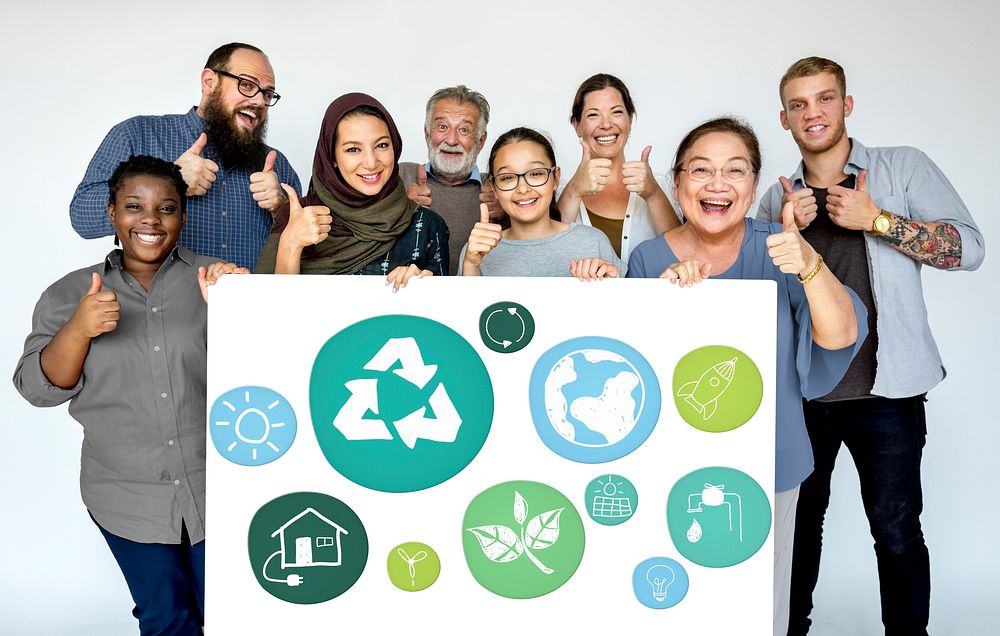 Group of Diverse People Showing Recycle Sign Eco Friendly Save Earth Word Graphic