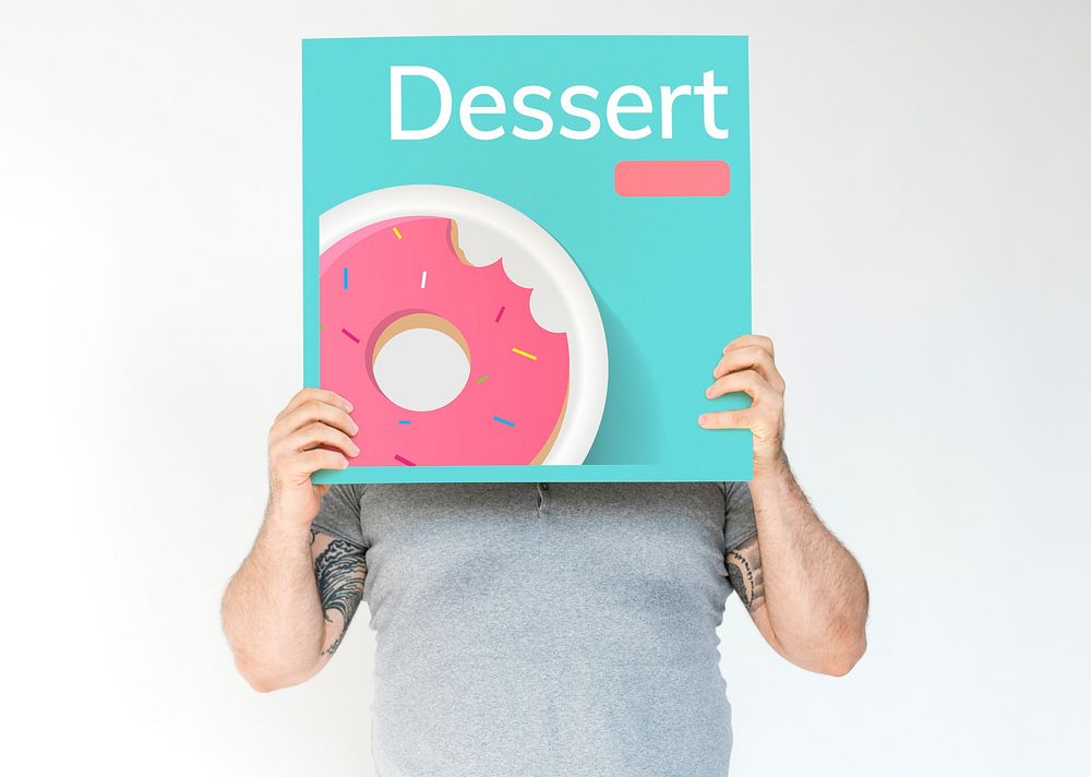 Man holding banner of sweet dessert donut pastry commercial illustration