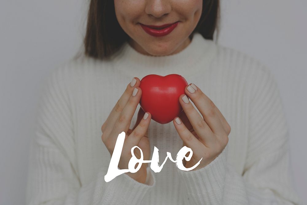 Woman Holding Heart Love Amor Affection Word Graphic