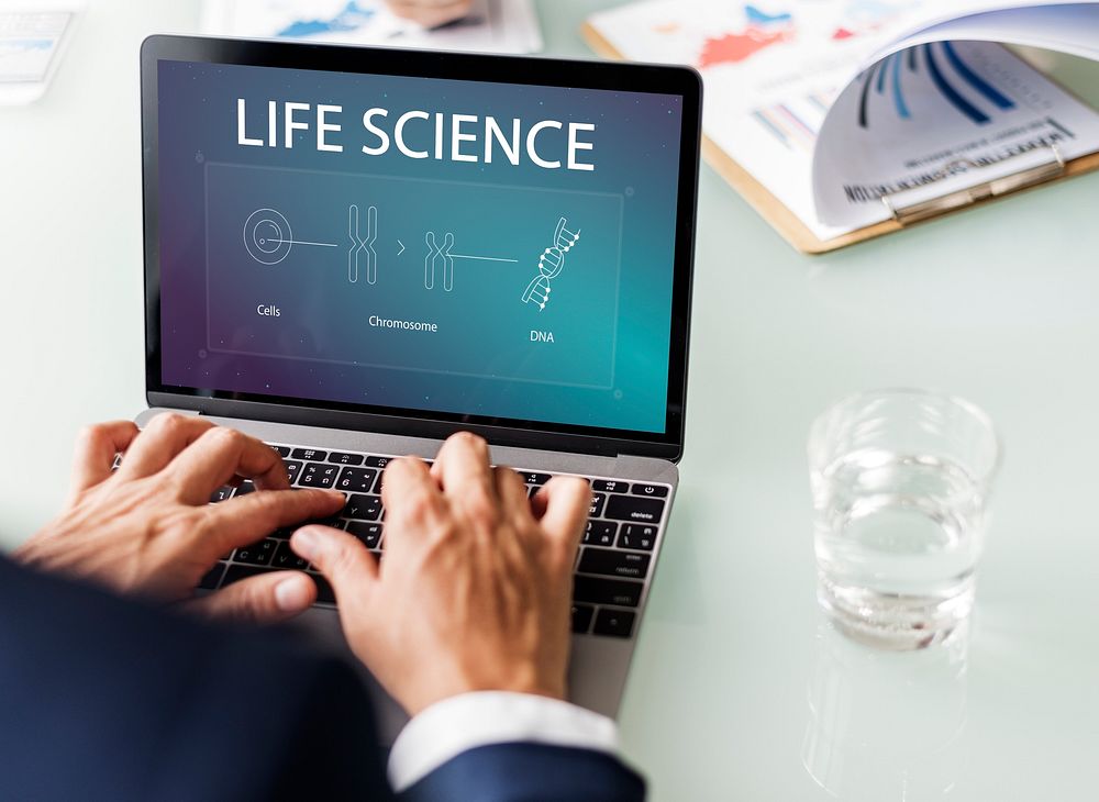 Illustration of biology humanity life science genetic research on laptop