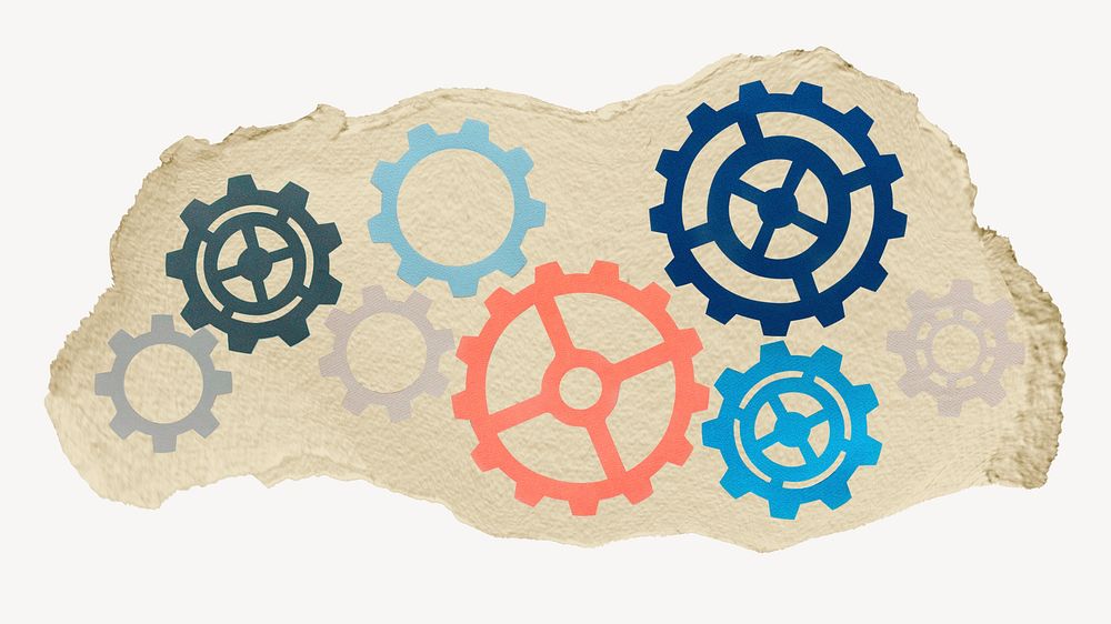 Cog, gear, ripped paper collage element