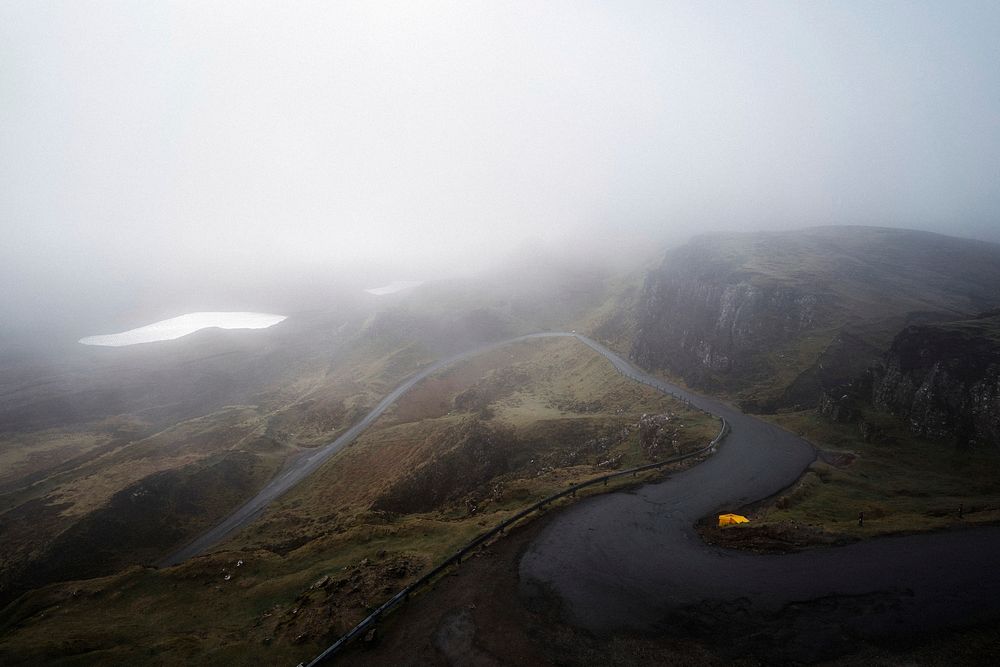 Drone view of a misty Quiraing on the Isle of Skye in Scotland