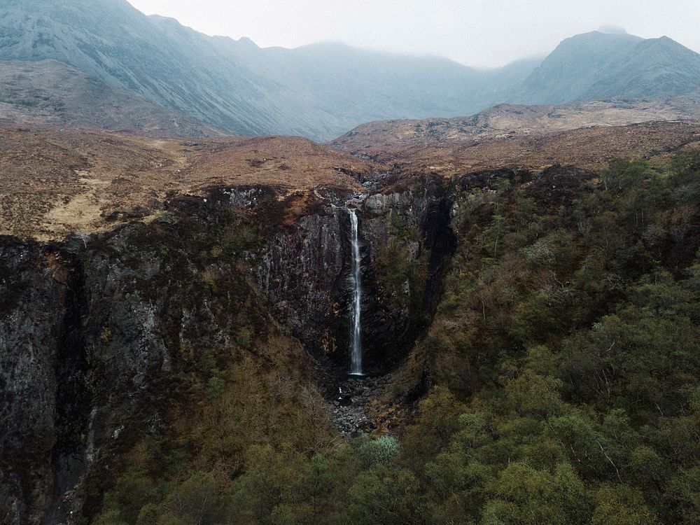 Drone shot of the Eas Mor Waterfall on the  Isle of Skye in Scotland