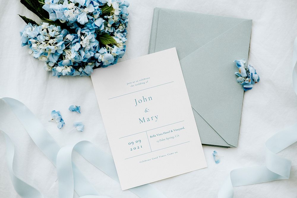 Blue envelope and card with blue hydrangea