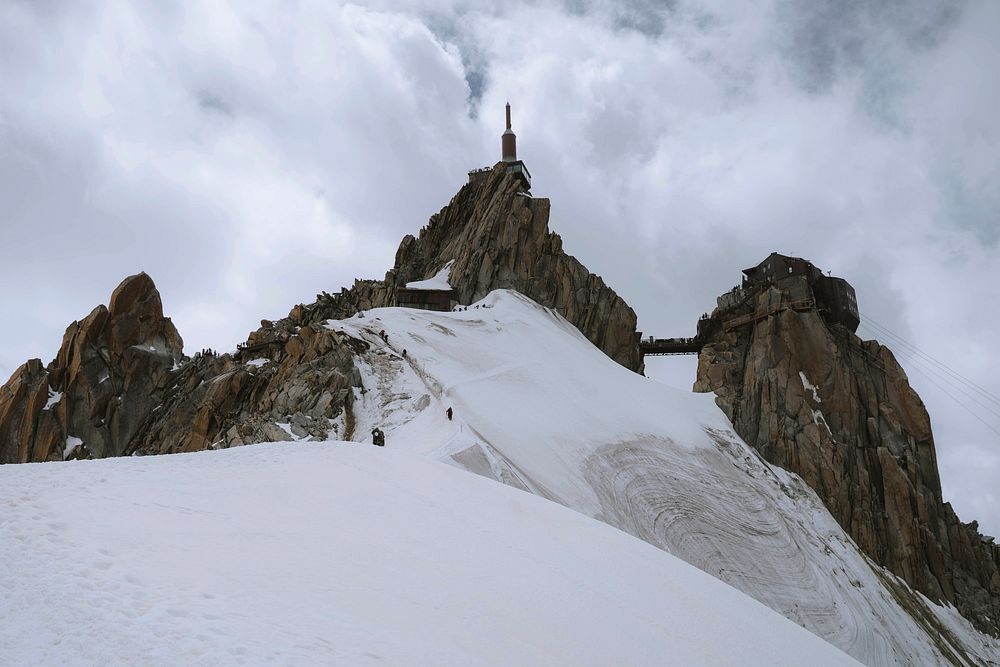 Rocky Aiguille du Midi covered in snow