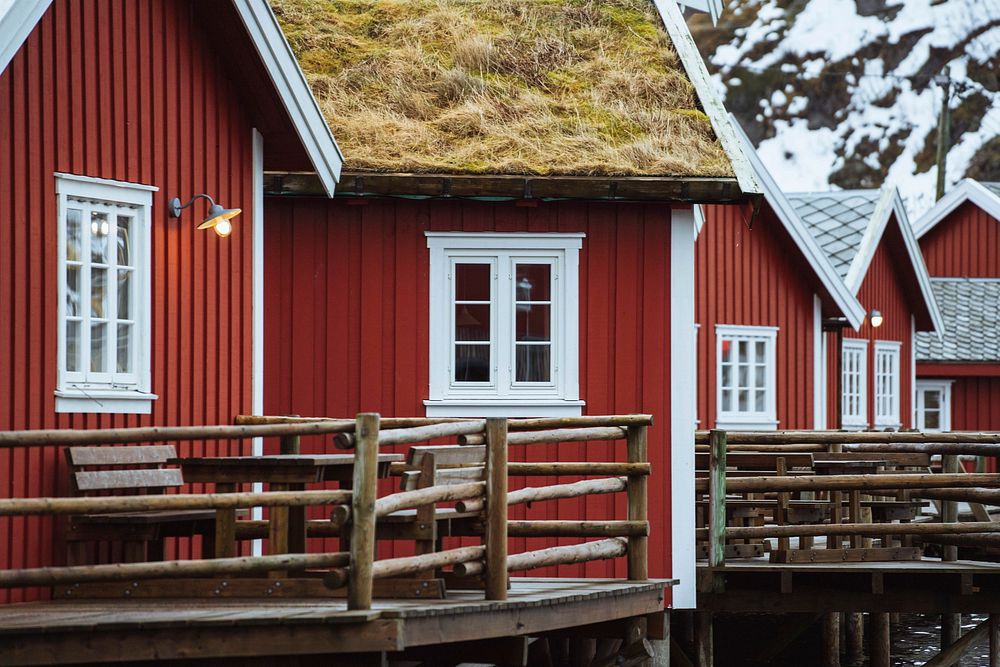 Red vacation cabins in Reine, Norway 