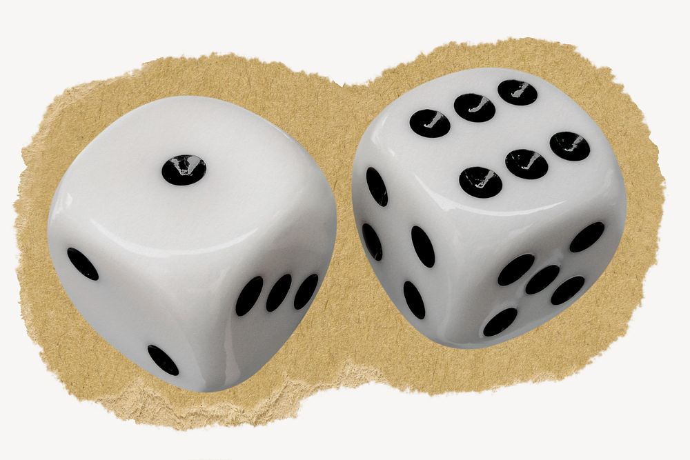 White dice, game concept, ripped paper design