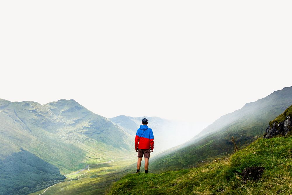 Man standing on mountain border, nature image psd