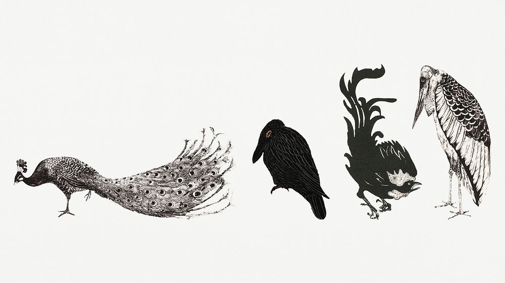 Vintage bird psd art print collection, remix from artworks by Theo van Hoytema