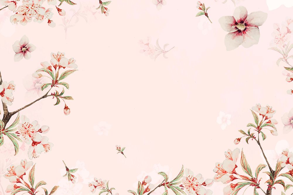 Vintage Japanese floral frame vector peach blossoms and hibiscus art print, remix from artworks by Megata Morikaga