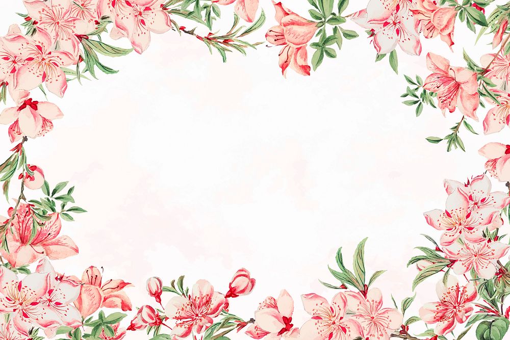 Vintage Japanese floral frame vector peach blossom art print, remix from artworks by Megata Morikaga