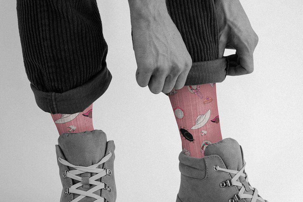 Socks mockup psd with vintage headwear pattern, remix from artworks by George Barbier