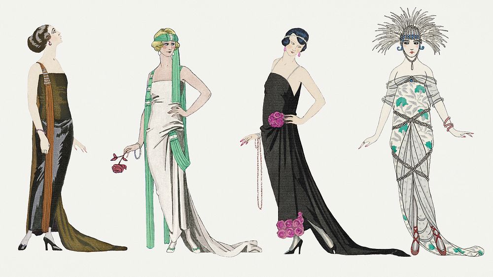 Vintage feminine 1920's fashion set, remix from artworks by George Barbier