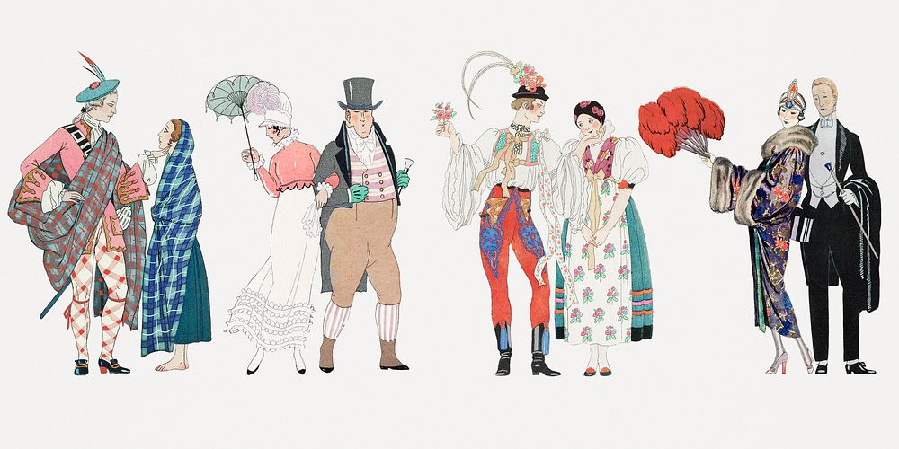 Traditional Parisian fashion psd set, remix from artworks by George Barbier