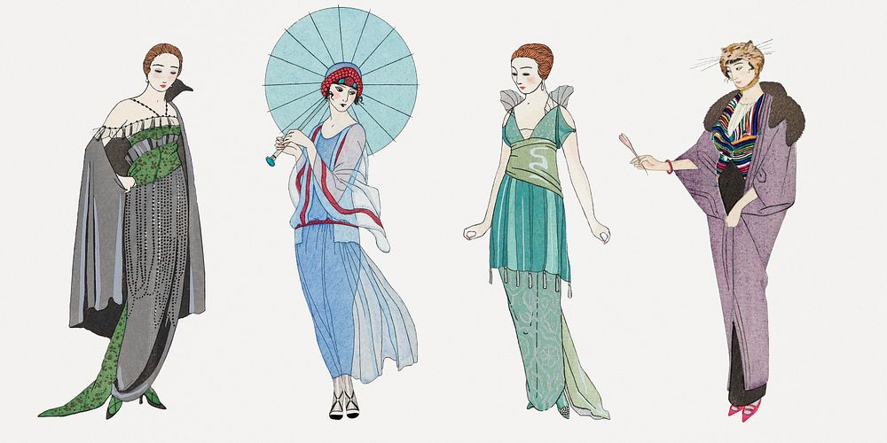 1920s women's fashion set, remix from artworks by George Barbier