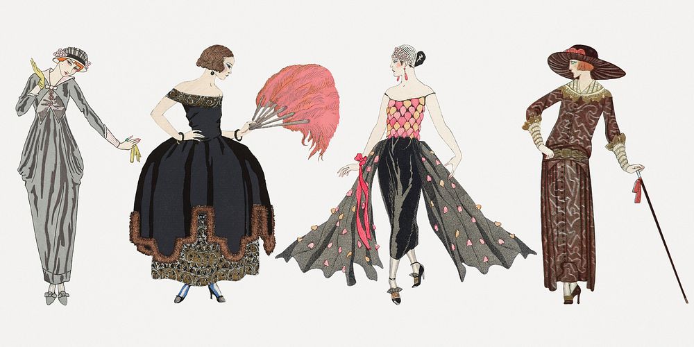 Vintage feminine fashion set, remix from artworks by George Barbier