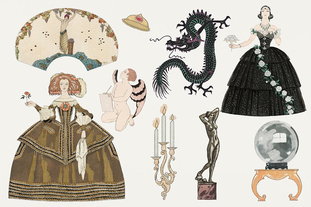 Victorian dress 19th century fashion set, remix from artworks by George Barbier