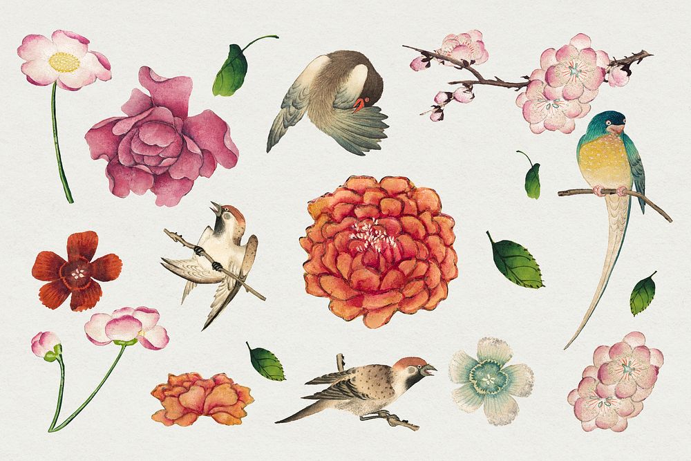 Chinese flower and bird set, remix from artworks by Zhang Ruoai