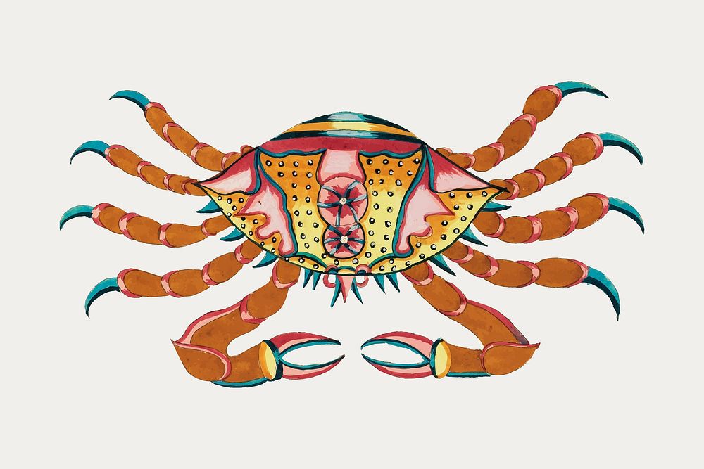 Ancient crab sticker, aquatic animal colorful illustration vector,  remix from the artwork of Louis Renard