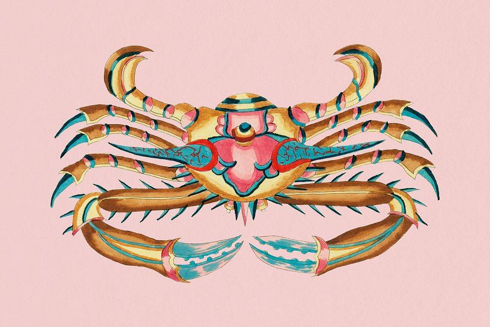 Vintage animal background, colorful crab illustration, remix from the artwork of Louis Renard