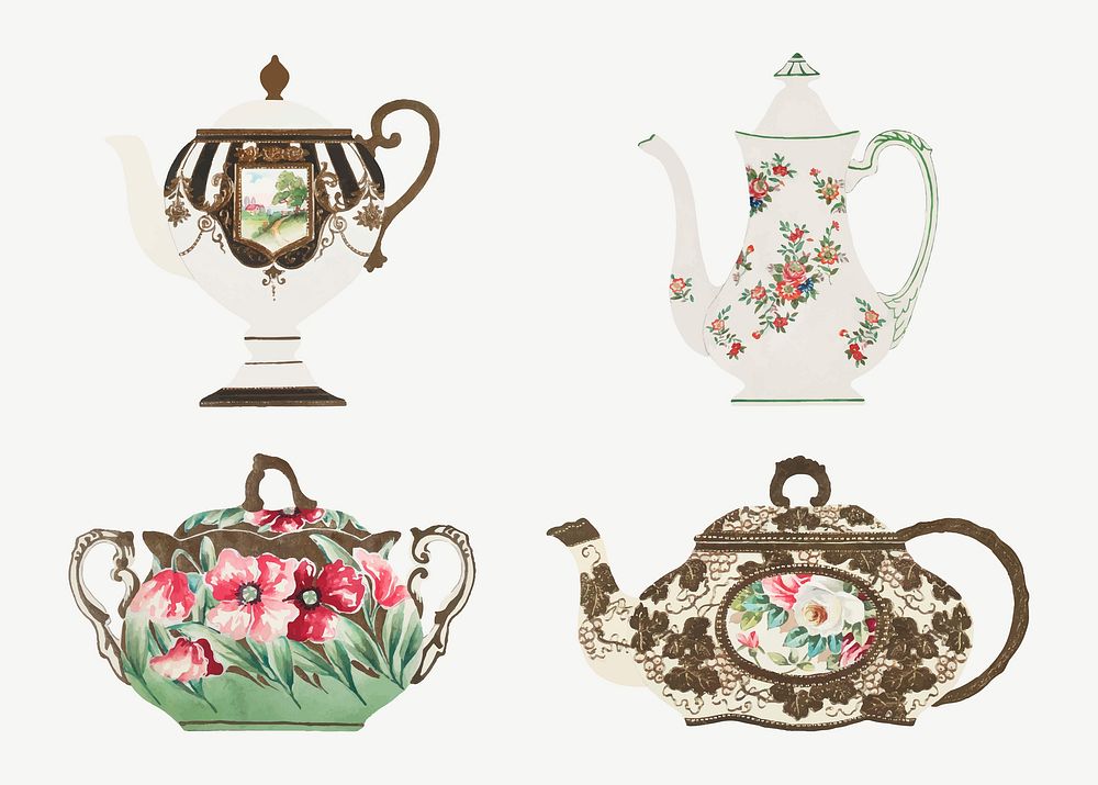 Vintage floral pattern on tableware vector set, remixed from Noritake factory china porcelain design