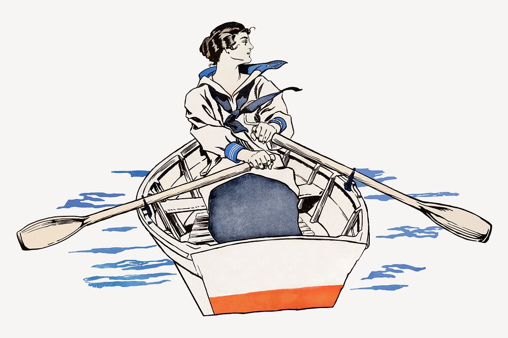 Woman rowing in the river art print, remixed from artworks by Edward Penfield