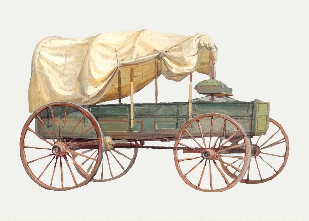 Vintage covered wagon sticker vector drawing, remixed from artworks by Samuel Colman