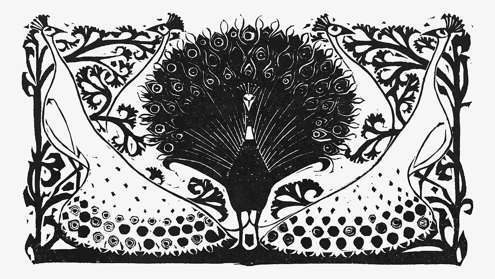 Peacocks vector in black fruit print, remixed from artworks by Gerrit Willem Dijsselhof