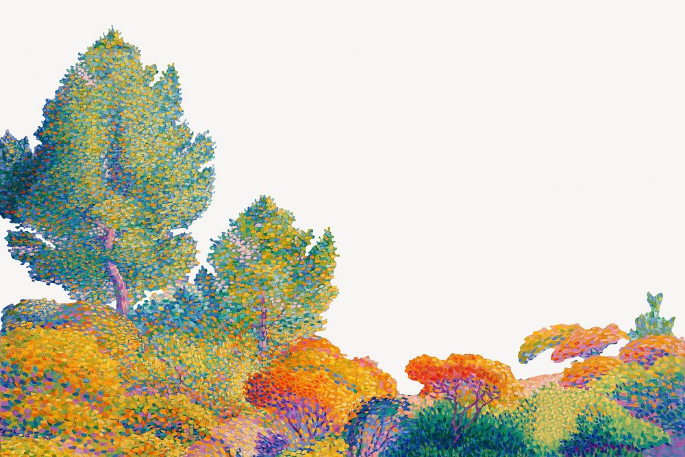 Colorful forest border, Henri-Edmond Cross's painting psd, digitally enhanced by rawpixel.