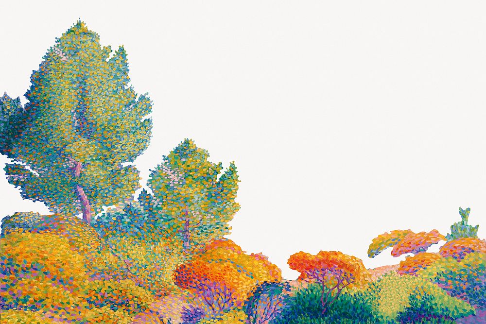 Colorful forest border, Henri-Edmond Cross's painting, digitally enhanced by rawpixel.