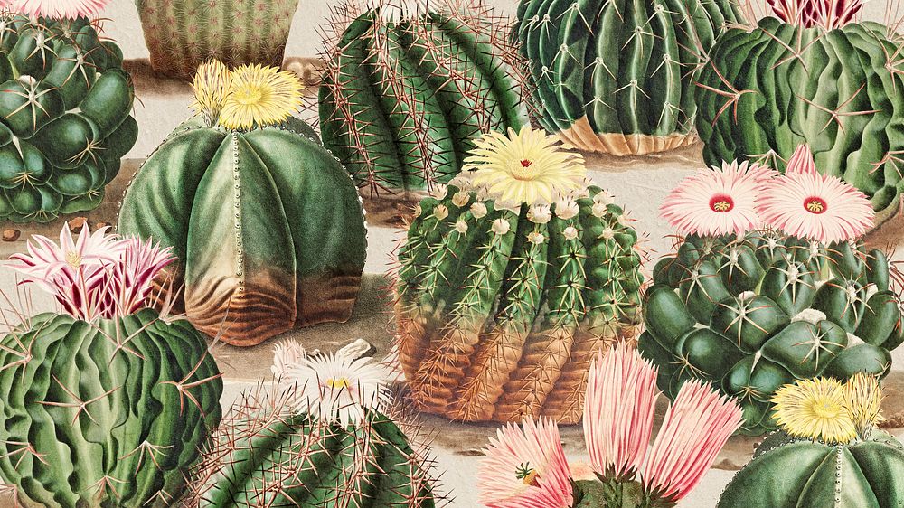 Vintage green cactus with flower illustration background