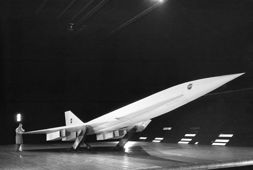 Fixed Wing Supersonic Transport in Ames 40x80 Foot Wind Tunnel. 3/4 front view of Fixed Wing SST - Lockheed SST on Ground…