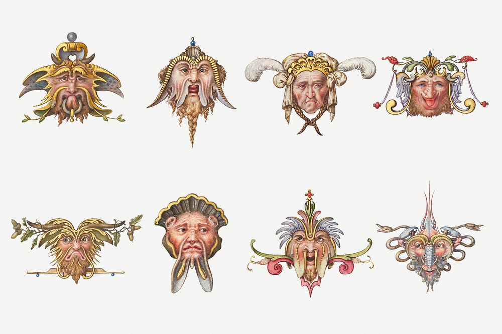 Mythical creature troll face psd set, remix from The Model Book of Calligraphy Joris Hoefnagel and Georg Bocskay
