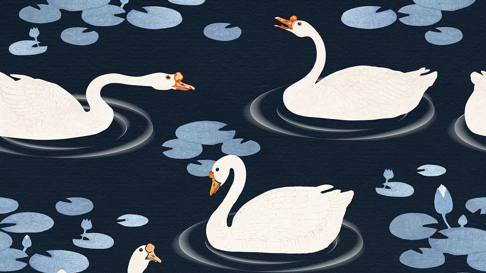 Swimming white geese in a lake pattern on a dark blue background illustration