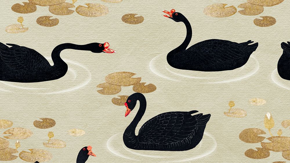 Swimming black geese with gold lotus pattern on a beige background illustration