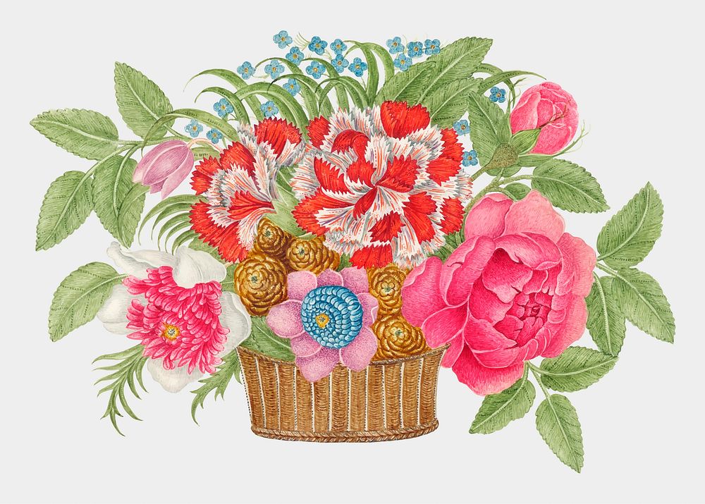 Vintage basket of flowers vector illustration, remixed from the 18th-century artworks from the Smithsonian archive.