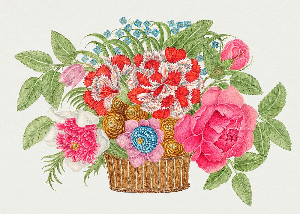 Vintage basket of flowers illustration, remixed from the 18th-century artworks from the Smithsonian archive.