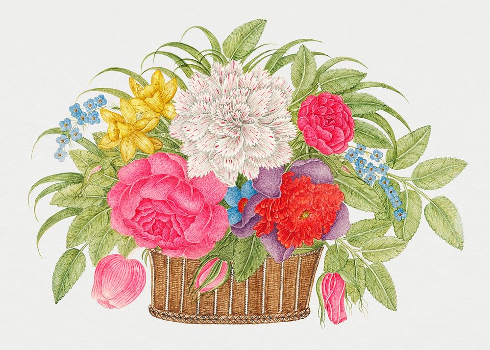 Vintage basket of flowers psd illustration, remixed from the 18th-century artworks from the Smithsonian archive.