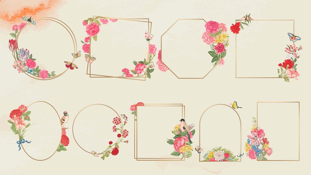 Vintage floral gold frame vector set, remixed from the 18th-century artworks from the Smithsonian archive.