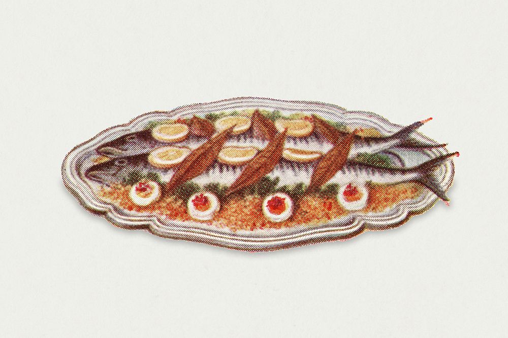 Vintage seasoning mackerel dish illustration