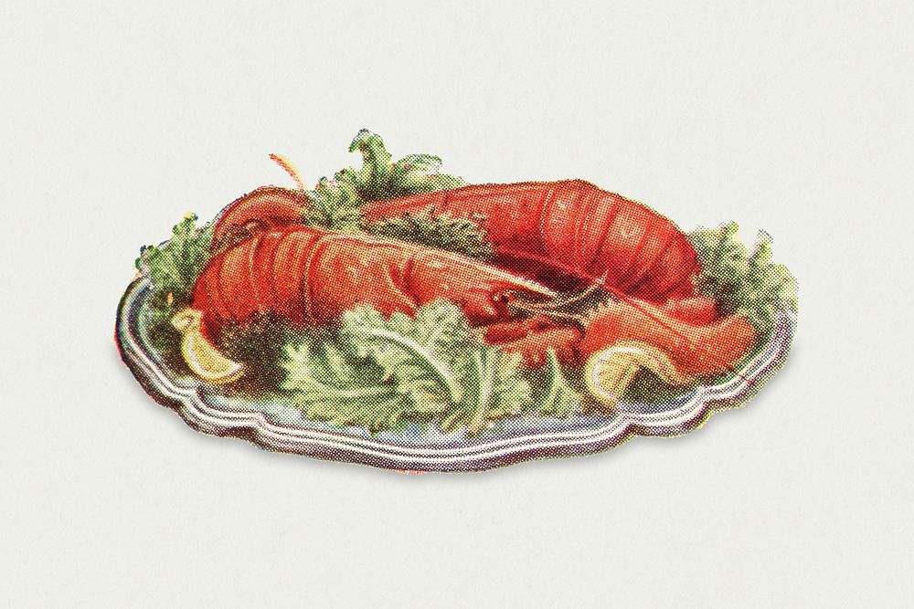 Vintage cooked lobster with vegetables illustration