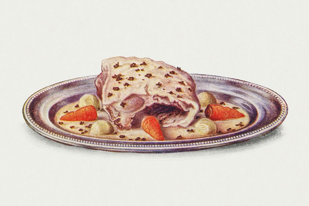 Vintage boiled neck of mutton with caper sauce dish illustration