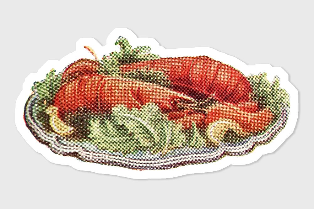 Hand drawn cooked lobster with vegetables sticker with white border