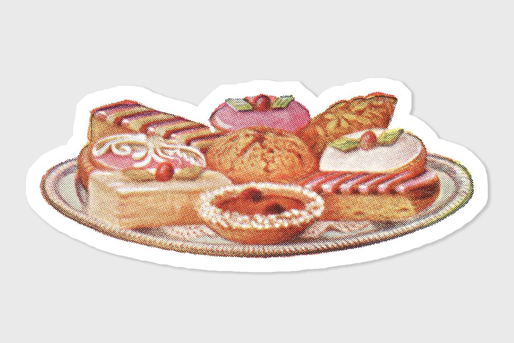Hand drawn assorted pastries sticker with white border
