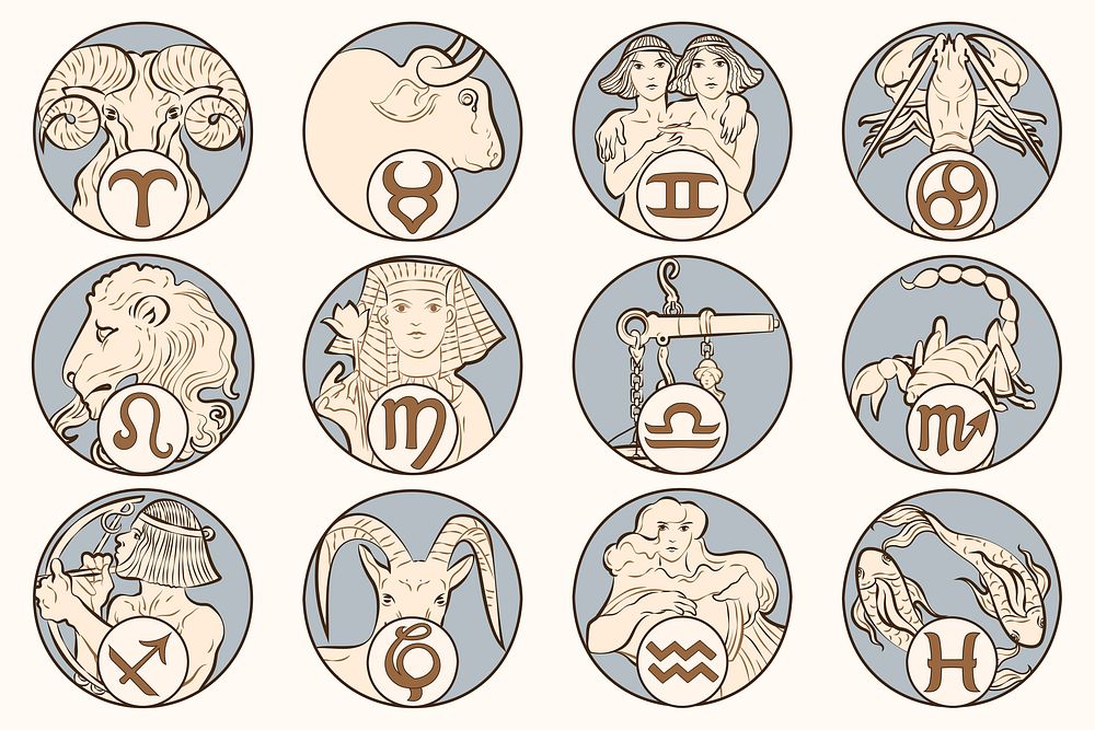 Art nouveau 12 astrological signs vector, remixed from the artworks of Alphonse Maria Mucha