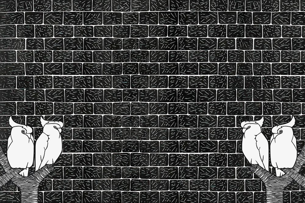 Vintage crowned cockatoos vector animal art print on brick wall, remix from artworks by Samuel Jessurun de Mesquita